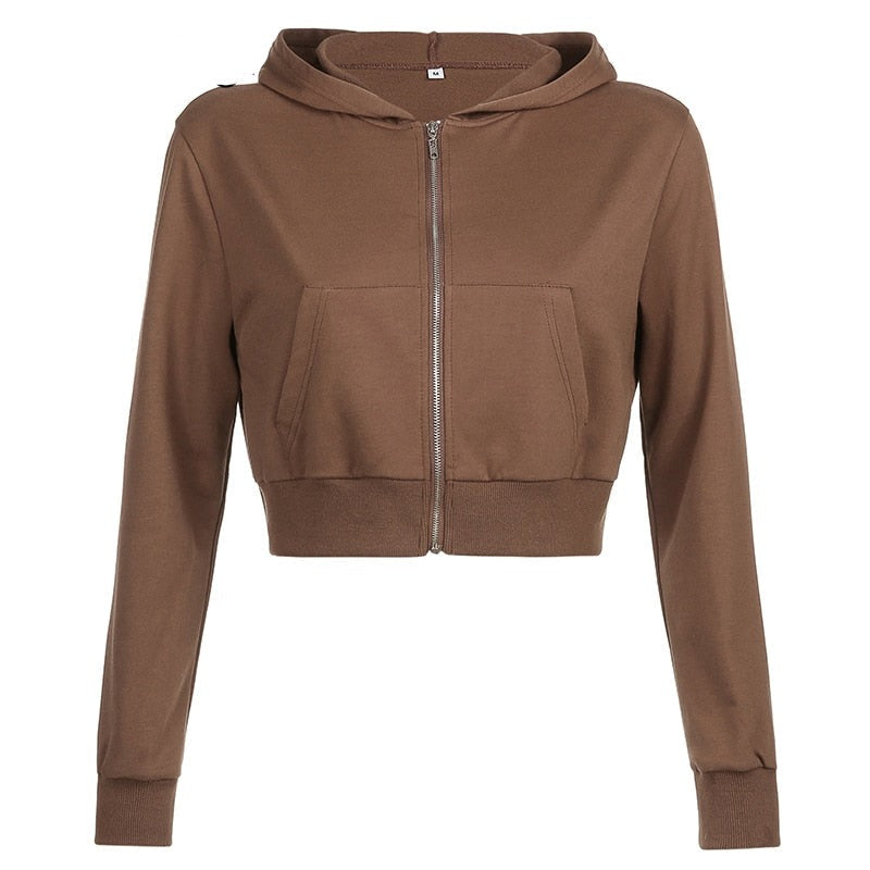 Efterårsinspireret, trendy, figursiddende cropped dame-hoodie med lynlås og hætte – Alina