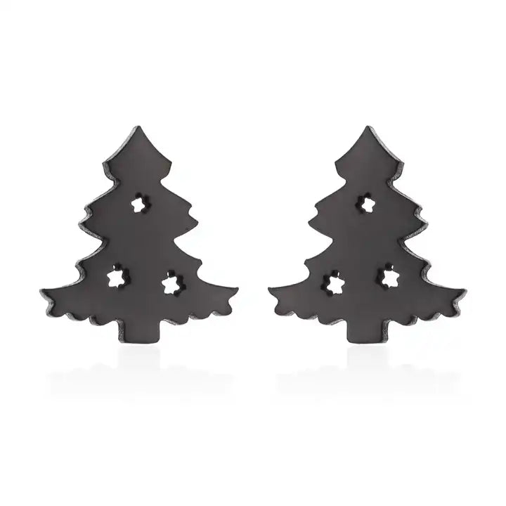 Schwarze Tannenbaum-Ohrringe aus Edelstahl, weihnachtliches Design, modischer Schmuck.