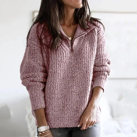 Efterårsstruktureret dame halv-zip sweater med lange ærmer – Noelle