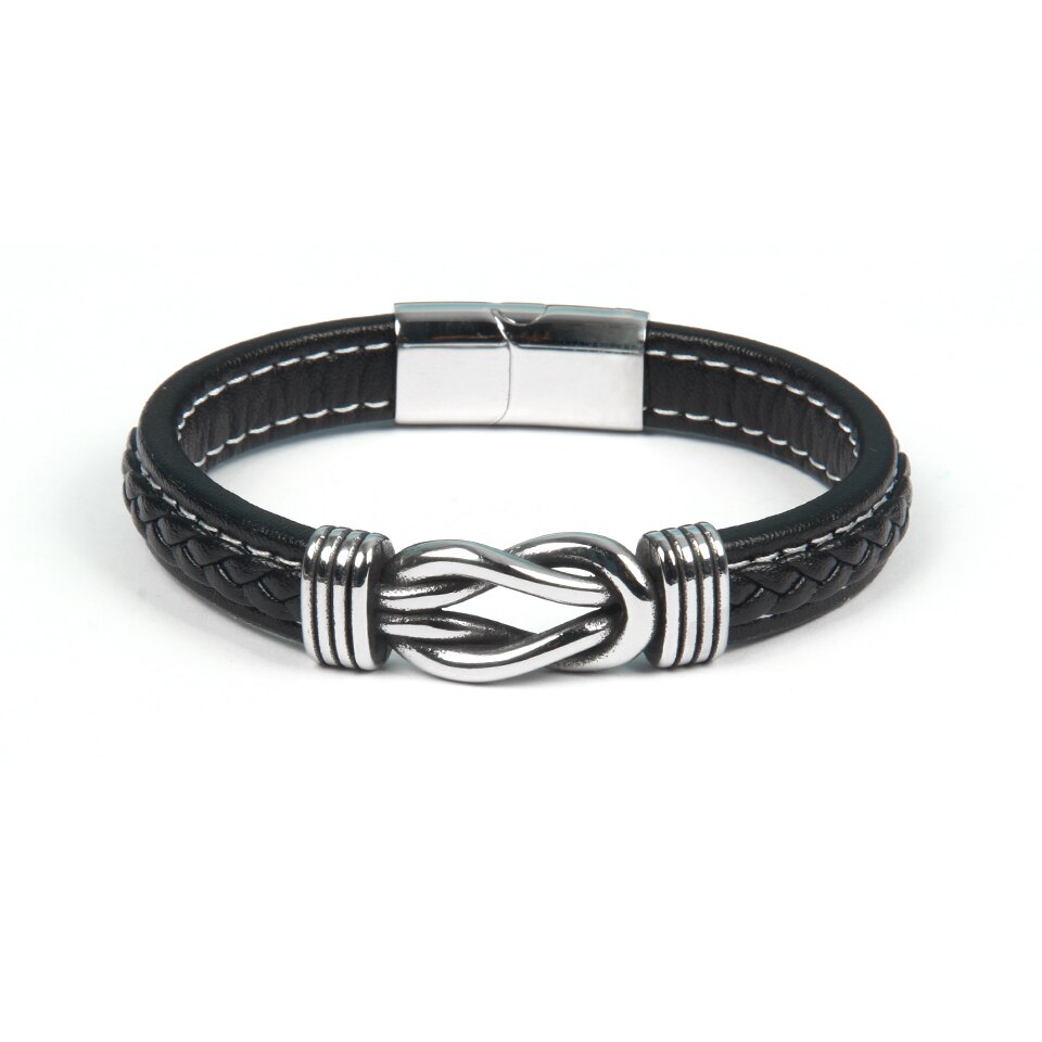 Schwarzes Lederarmband mit silbernem Knotenverschluss, Herrenmode, elegant, modern.