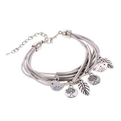 Silber Armband mit Anhängern, Baum des Lebens, Blatt, Vogel, verstellbar, Damen Schmuck.