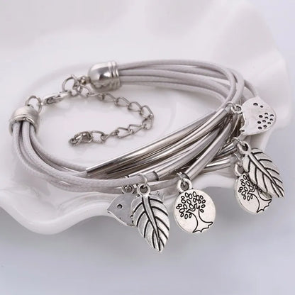 Silberarmband mit Blatt- und Baumanhängern, mehrschichtig, verstellbar, Damen-Schmuck.