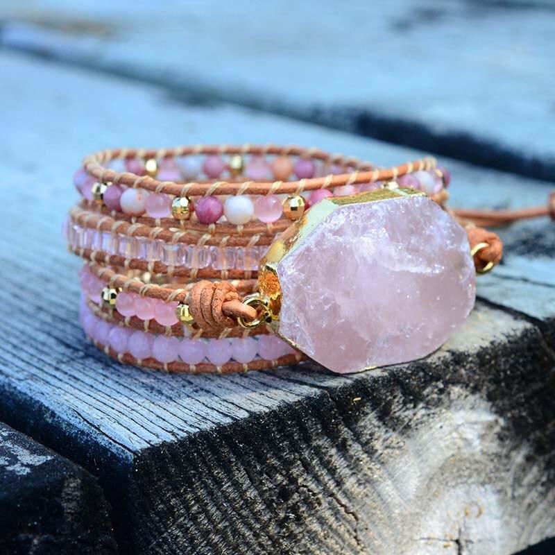 Rosa Quarz Armband, handgefertigt, Lederband, Boho-Stil, Damen Schmuck, modisch, elegant