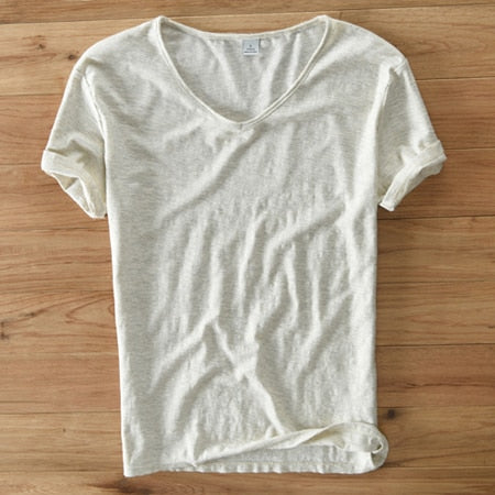 Let hør T-shirt med V-hals til herrer – åndbar & sommerlig – Thilo