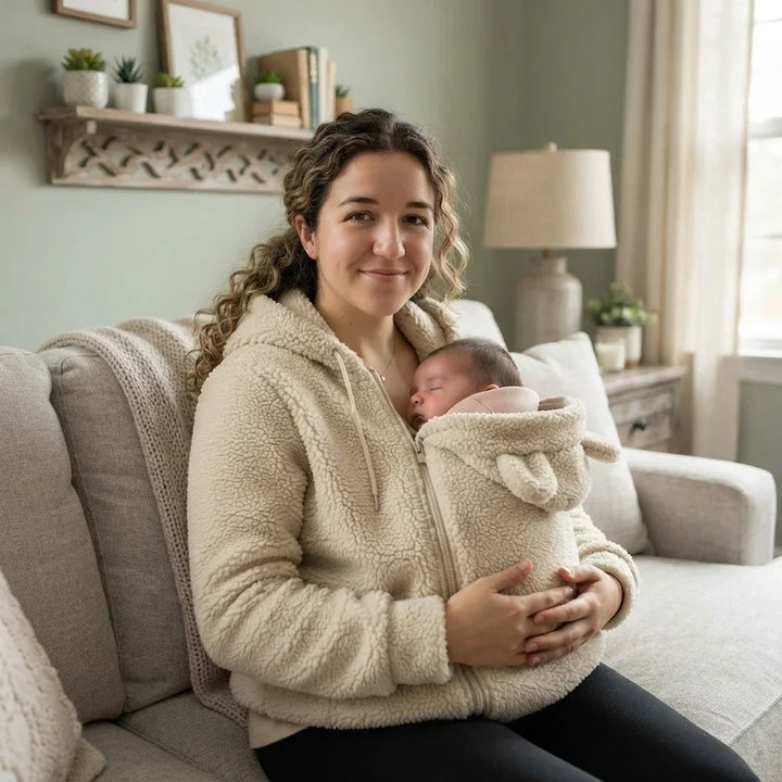 Kvinde i cremefarvet sherpa-trøje sidder i sofaen i en stue og holder sin sovende baby i bærepanelet med bjørneører. 7