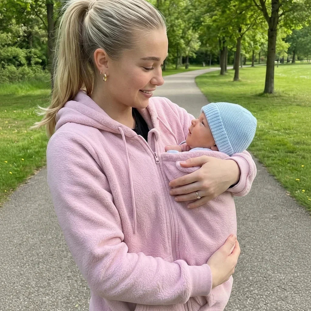 Kvinde i lyserød fleecetrøje går ad en sti i en park og holder sin baby i bærepanelet. 4