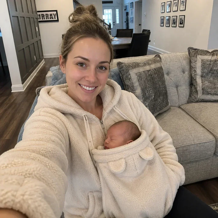 Smilende kvinde i cremehvid sherpa-trøje sidder i sofaen og har en sovende baby i det aftagelige bærepanel. 3