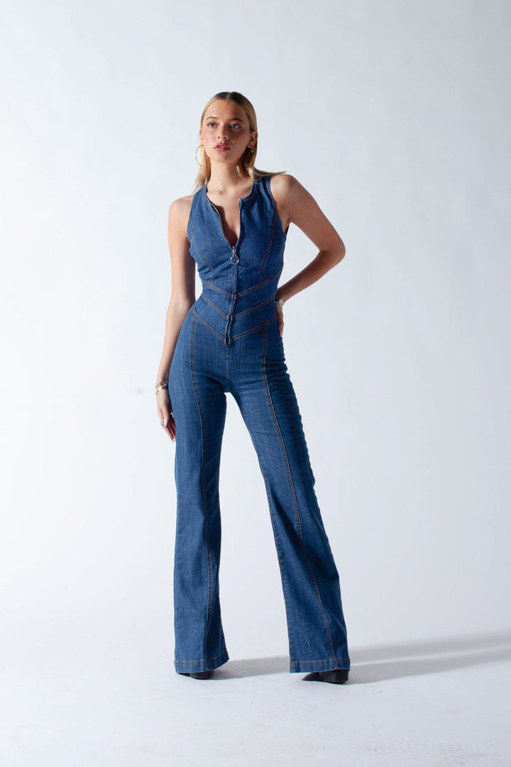 Hjerteformet rygløs jeans-jumpsuit til kvinder – Efterårsblade-udgave