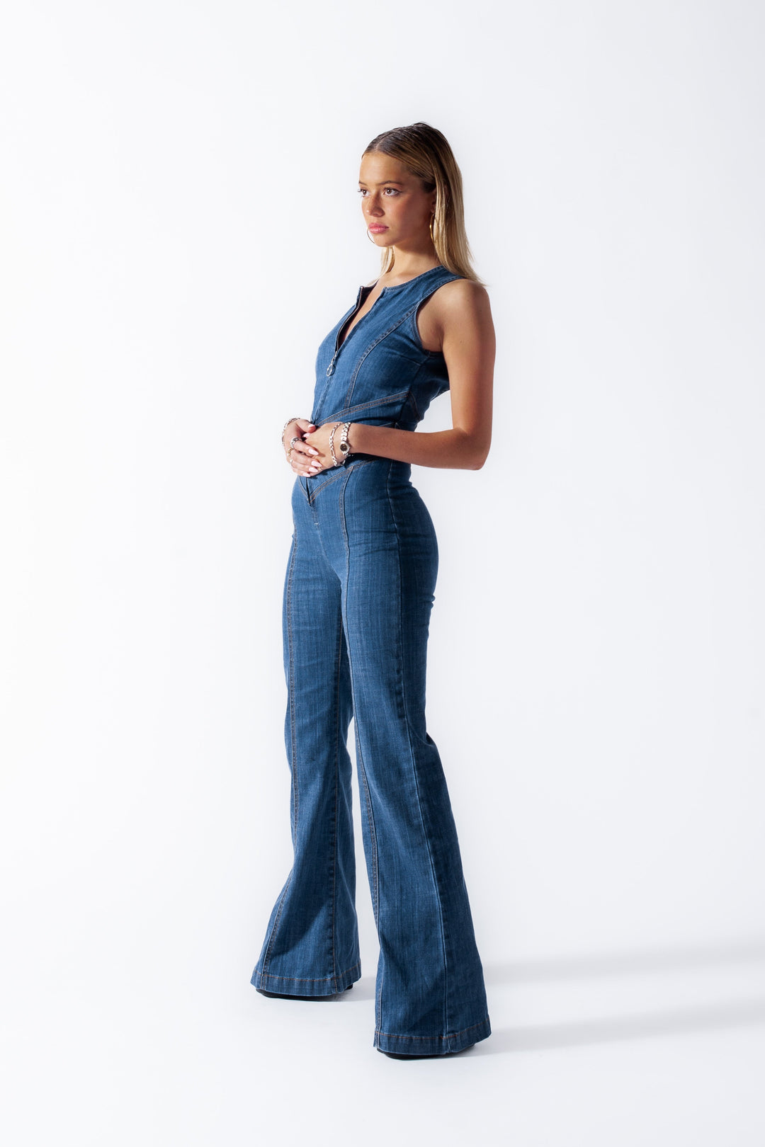 Hjerteformet rygløs jeans-jumpsuit til kvinder – Efterårsblade-udgave