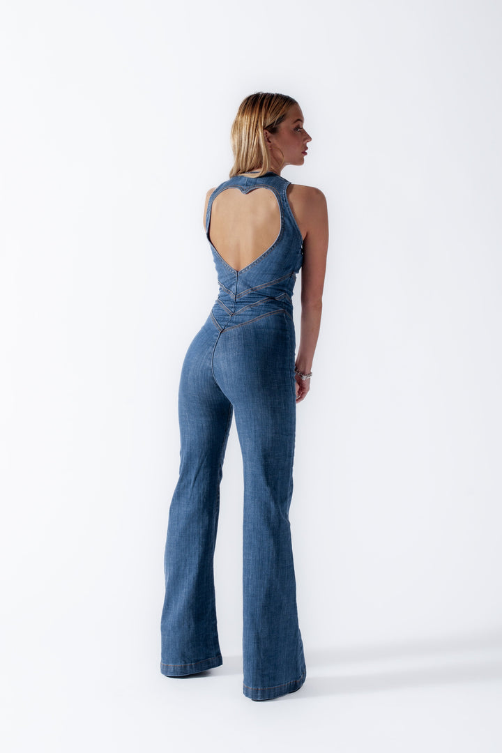 Hjerteformet rygløs jeans-jumpsuit til kvinder – Efterårsblade-udgave