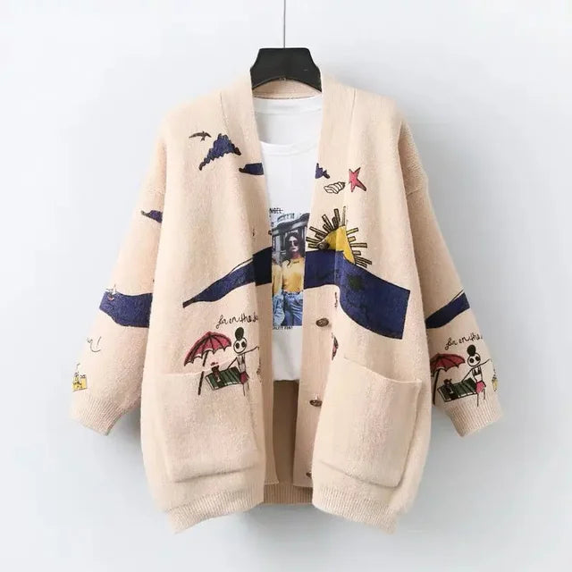 Strikket cardigan med legesygt print og knaplukning - Nova