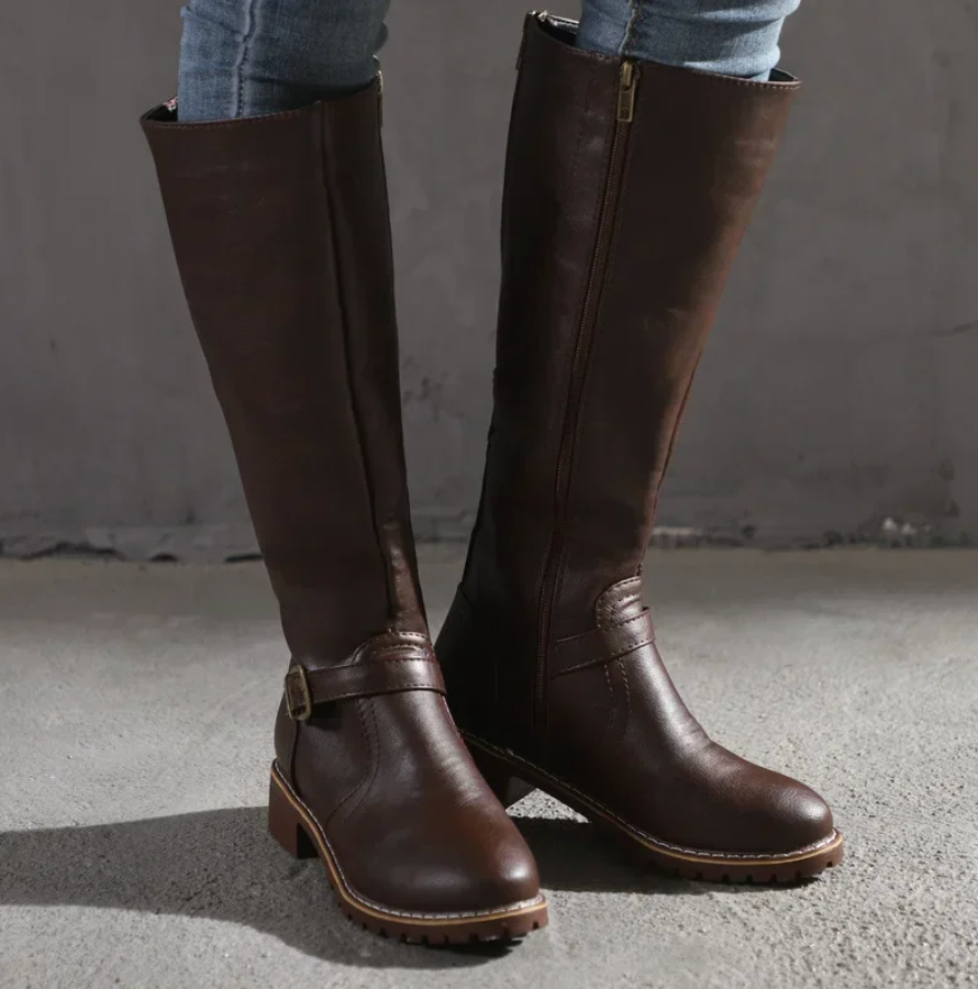 Knee-High Buckle Strap Riding Boot - Sheryl