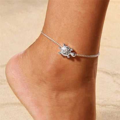 Silberne Boho-Fußkette mit Schildkrötenanhänger, Zirkonia, Damen-Schmuck, Strandaccessoire.