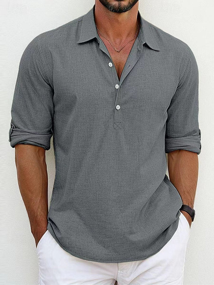 Åndbar & tidløs herre linnedskjorte med knapstolpe – efterårsudgave Niko