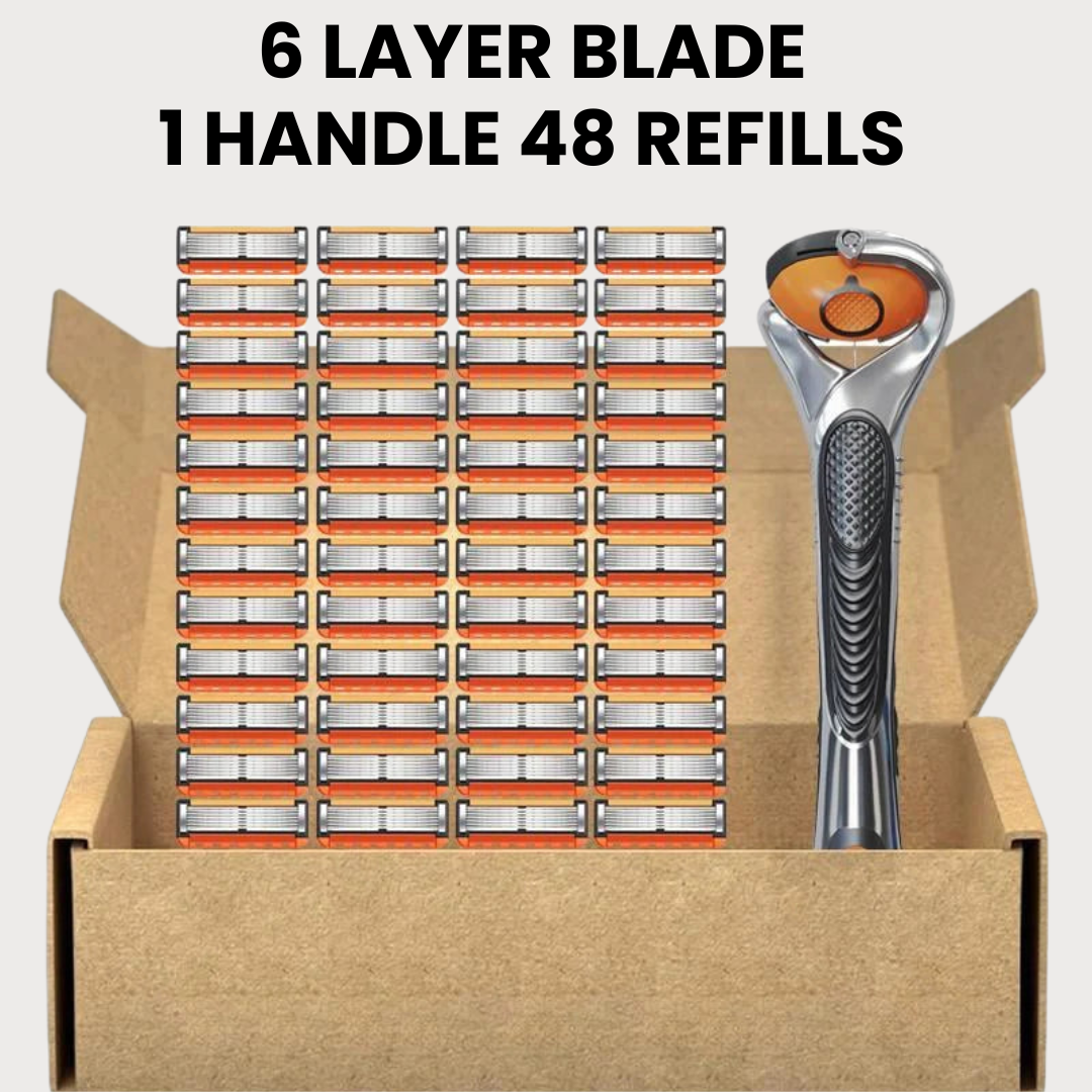 Åben papkasse med 48 orange barberblade stillet i rækker ved siden af en barberhøvl med sølvfarvet skaft og sort greb. 3