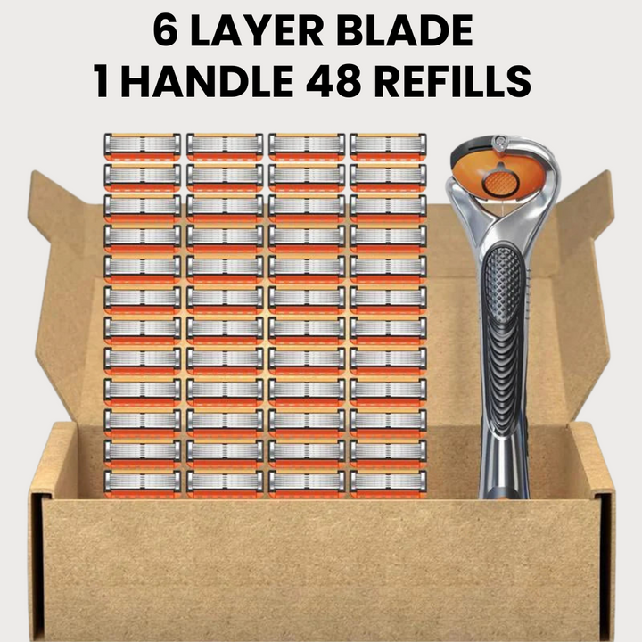 Åben papkasse med 48 orange barberblade stillet i rækker ved siden af en barberhøvl med sølvfarvet skaft og sort greb. 3