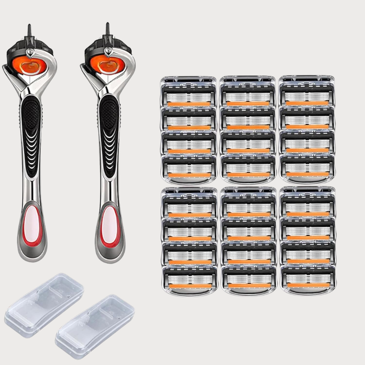 To barberhøvle med sølvfarvet og sort skaft, 24 løse orange og sorte barberblade i seks rækker og to gennemsigtige opbevaringsæsker. 1