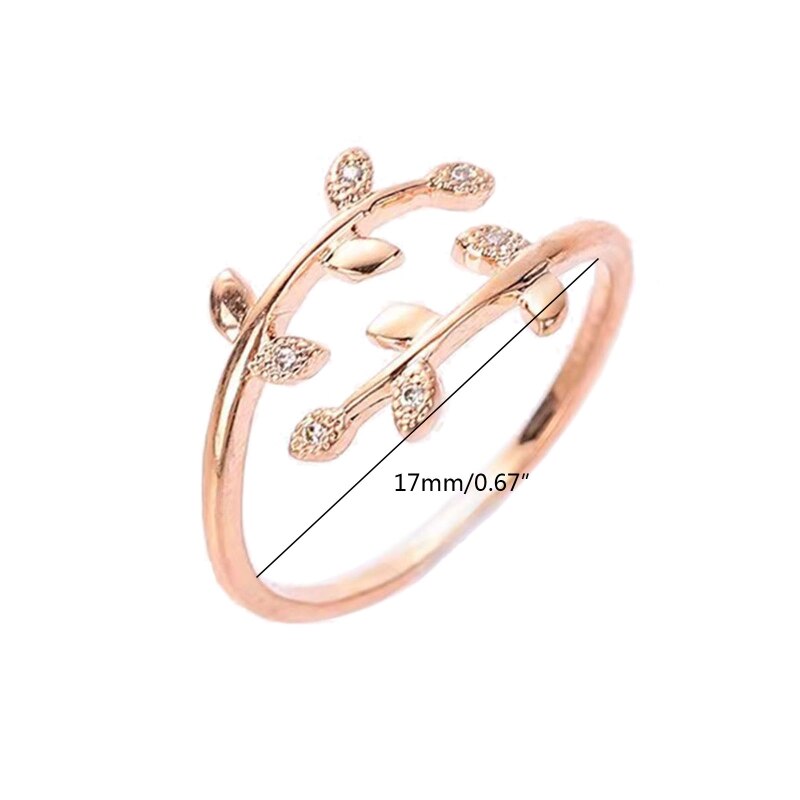 Goldener Damenring mit Blattdesign, Zirkonia-Steinen, 17mm Durchmesser, eleganter Schmuck.