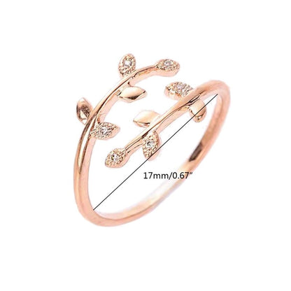 Goldener Damenring mit Blattdesign, Zirkonia-Steinen, 17mm Durchmesser, eleganter Schmuck.