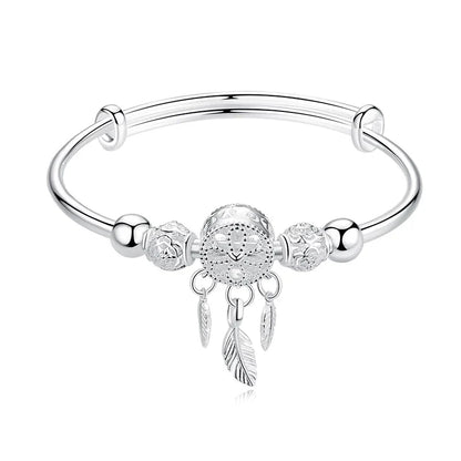 Silbernes Armband mit Eulenanhänger und Federn, Damen Schmuck, verstellbar, modisch.