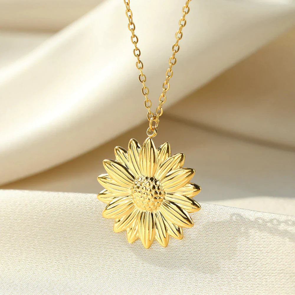 Goldene Sonnenblumen-Halskette, Damen-Schmuck, elegantes Design, modisches Accessoire.