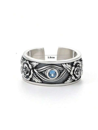 Silberring mit Rosenmuster und blauem Stein, 1,8 cm breit, Schmuck für Damen und Herren.