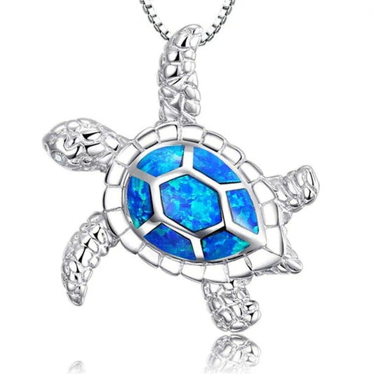 Silberne Schildkrötenkette mit blauem Opal, Schmuck, Damenaccessoire, Geschenkidee.