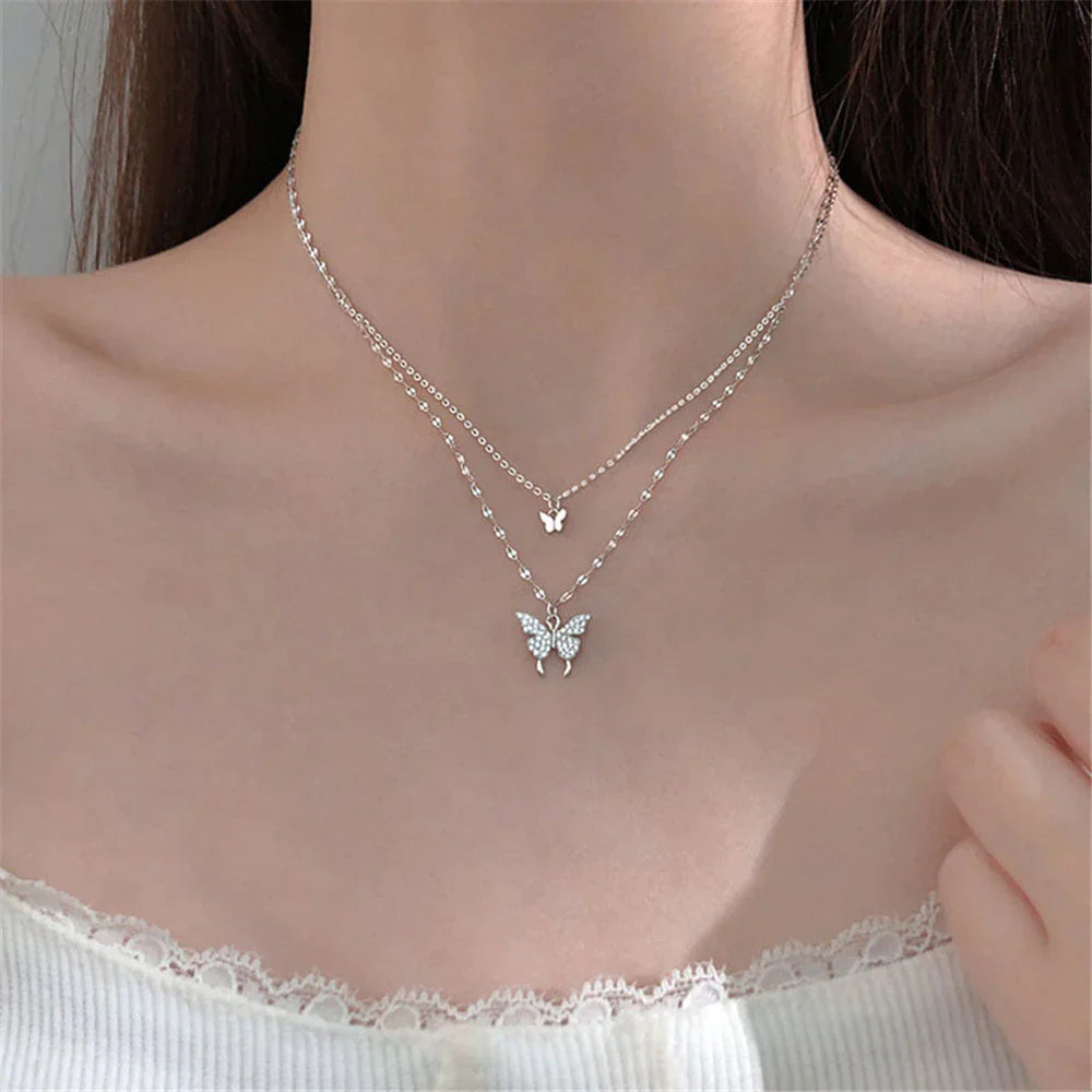 Doppelte Schmetterlingskette, Silber, Damen, modisch, eleganter Schmuck, Halskette, Geschenkidee.