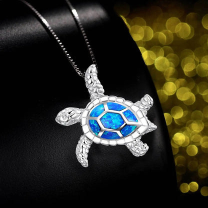 Silberne Schildkrötenkette mit blauem Opal, eleganter Schmuck, Geschenkidee für Frauen.