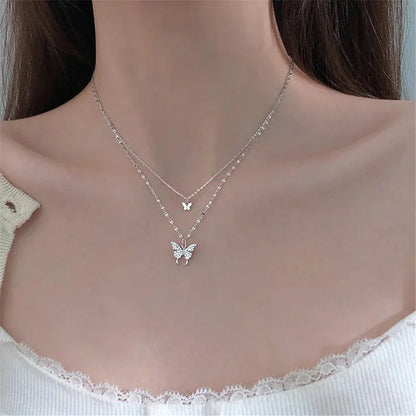 Doppelte Schmetterlingskette, Silber, Damen, modisch, zart, Schmuck, Halskette, Geschenkidee.