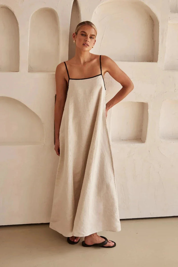 Ærmeløs beige boho maxi-kjole i hørlook – Elin