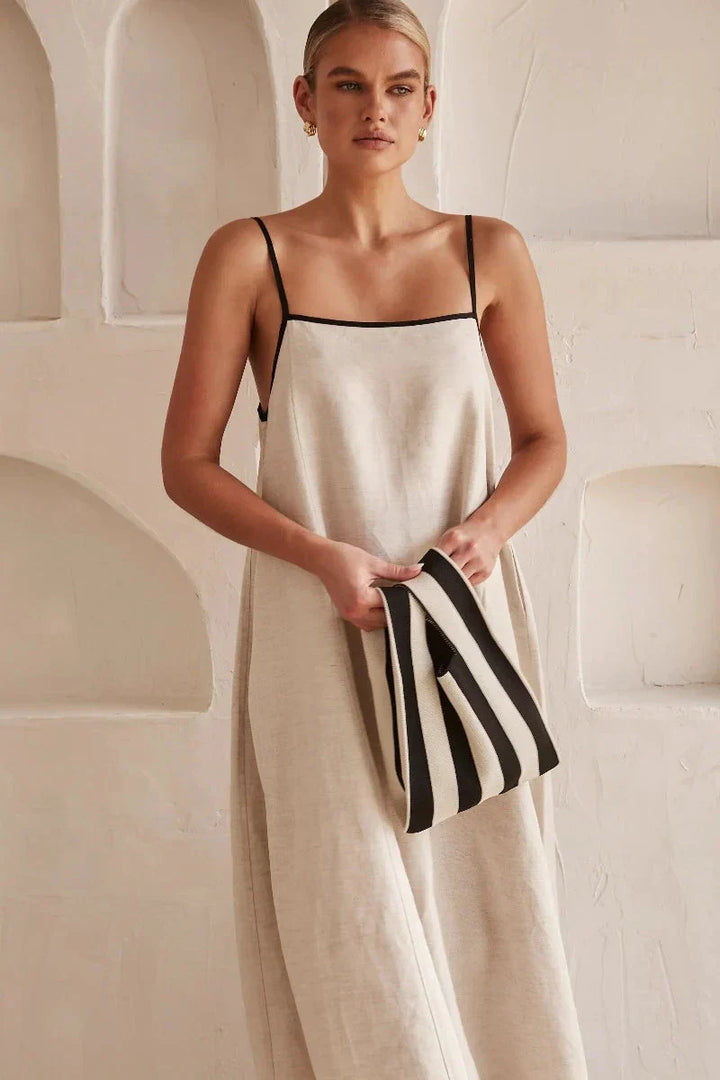 Ærmeløs beige boho maxi-kjole i hørlook – Elin