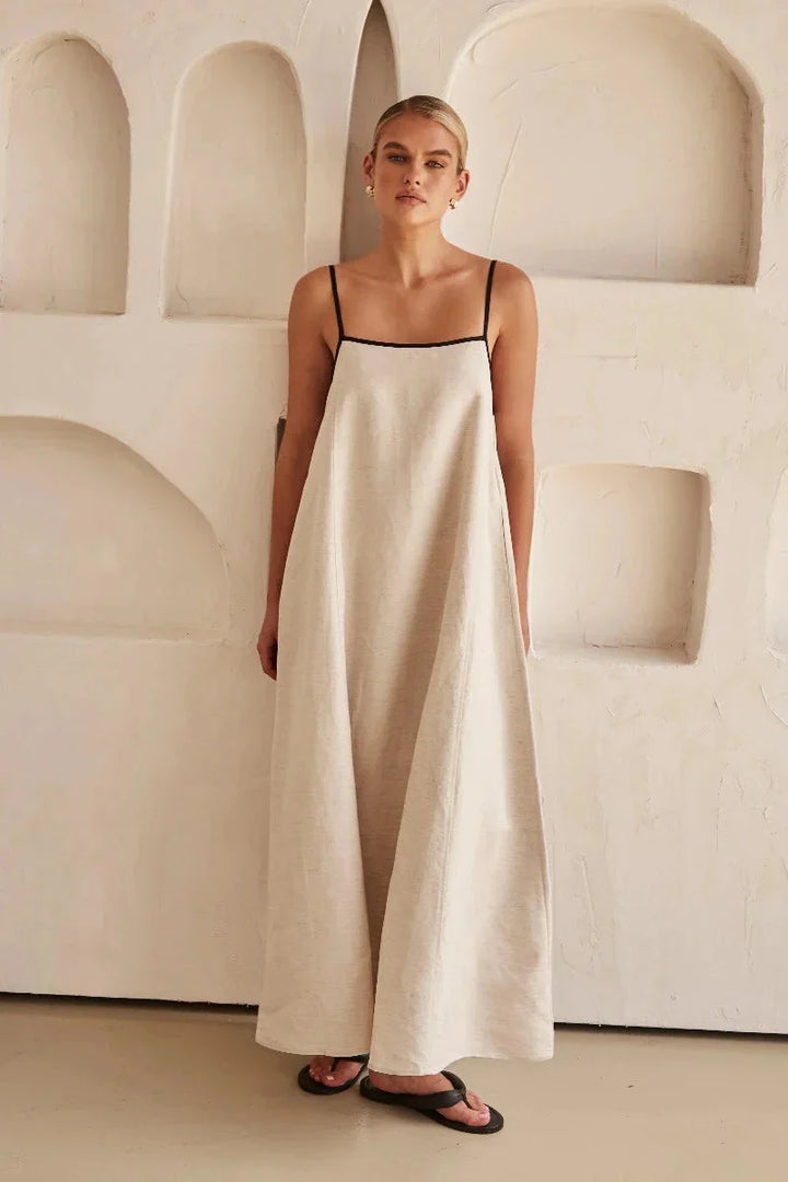 Ærmeløs beige boho maxi-kjole i hørlook – Elin