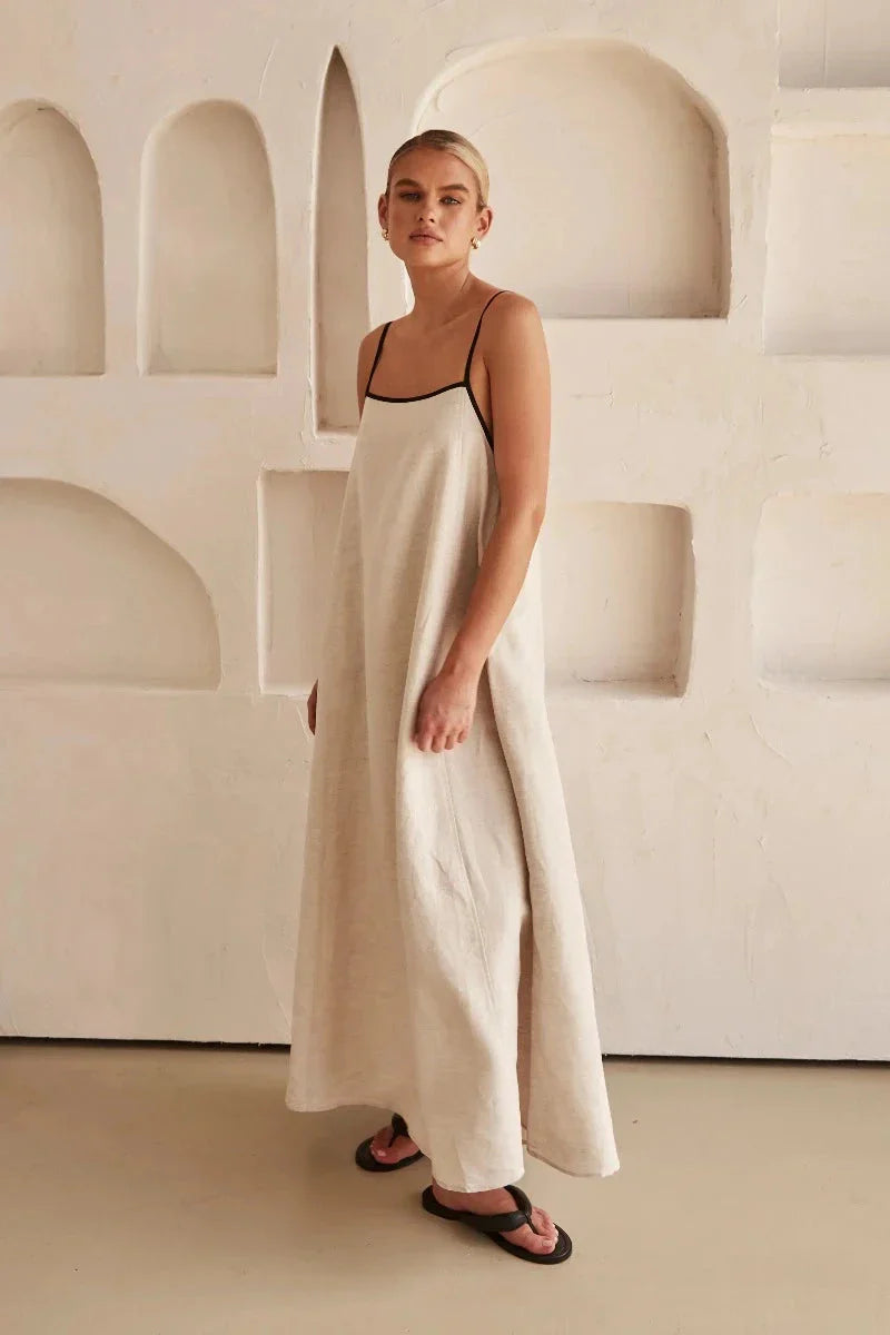 Ærmeløs beige boho maxi-kjole i hørlook – Elin