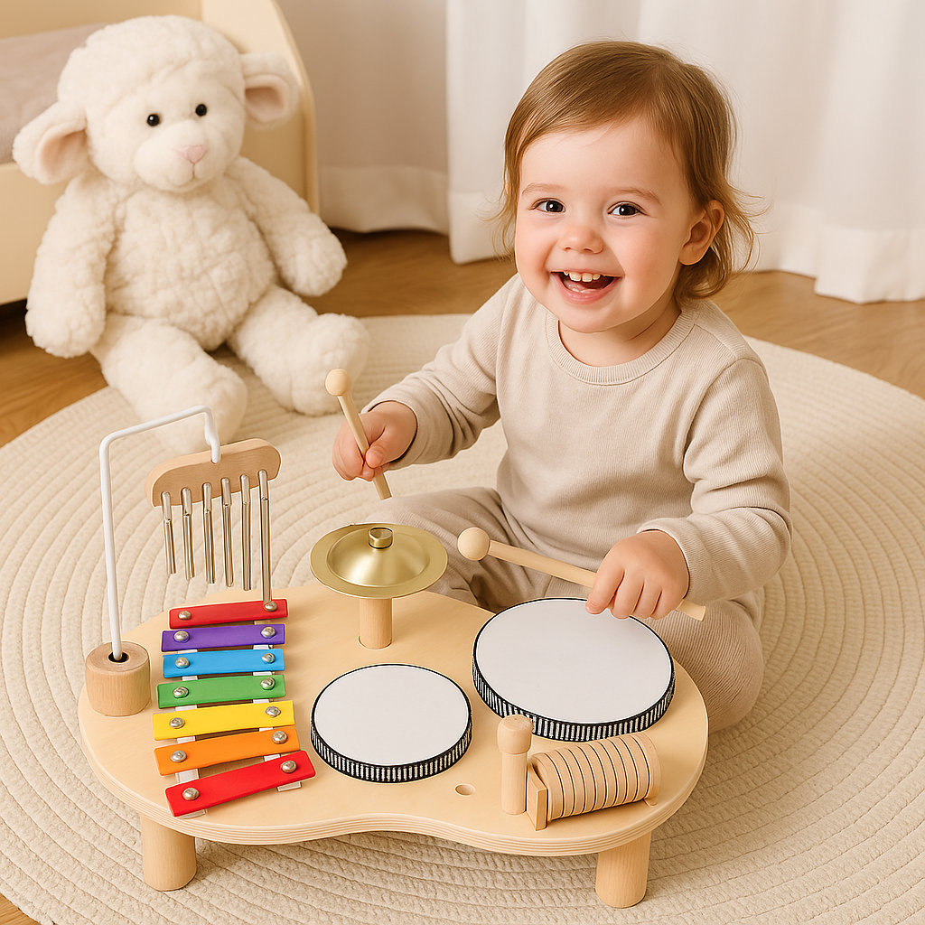 Smilende lille barn sidder på tæppet og spiller på musikbordet med to trommestikker, mens en hvid bamse sidder bagved. 2