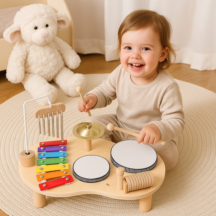 Smilende lille barn sidder på tæppet og spiller på musikbordet med to trommestikker, mens en hvid bamse sidder bagved. 2