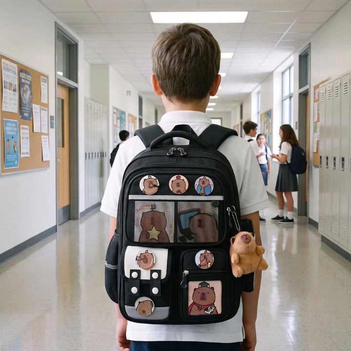 Multi-Pocket Capybara Themed School Rucksack - Viyora