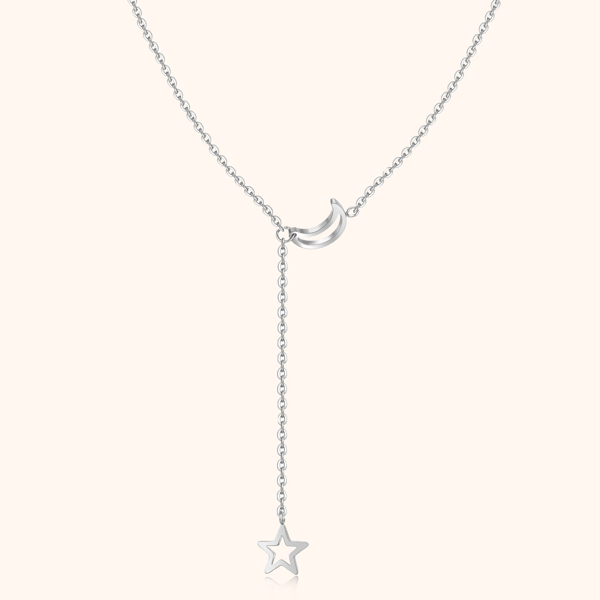 Silberne Halskette mit Mond- und Sternanhänger, Damen Schmuck, elegantes Design