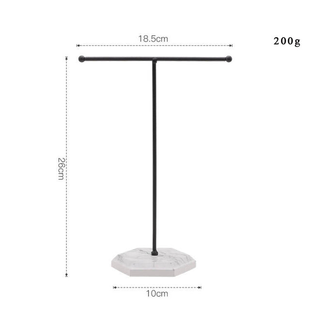 T-förmiger Schmuckständer aus Metall mit Marmorfuß, 26cm hoch, ideal für Ohrringe und Ketten.