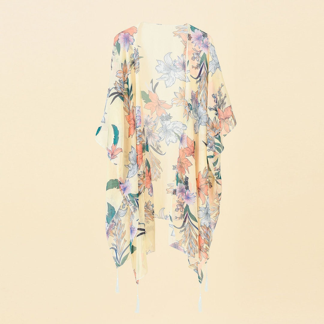 Kimono-cover-up med blomsterprint og kvaster – Liora