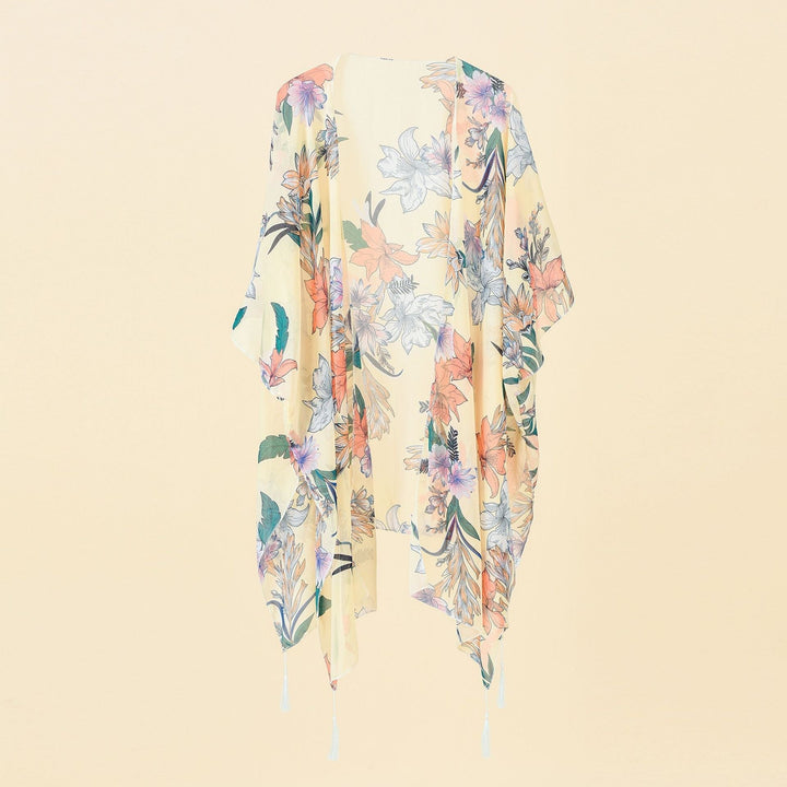 Kimono-cover-up med blomsterprint og kvaster – Liora