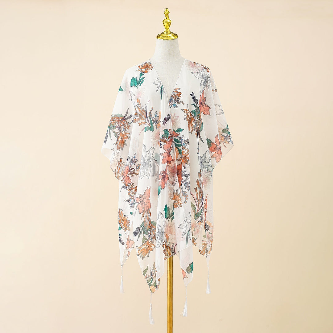 Kimono-cover-up med blomsterprint og kvaster – Liora