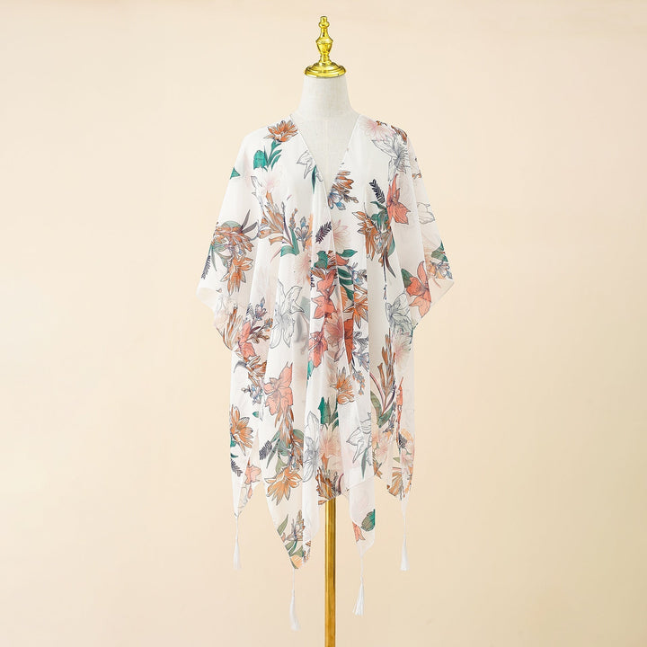Kimono-cover-up med blomsterprint og kvaster – Liora