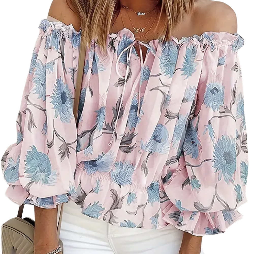 Off-shoulder blomsterbluse med flæser – Fayenne