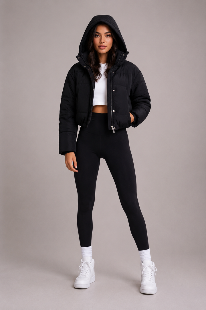Model set forfra med hætten oppe og hånden i jakkelommen, i sort quiltet jakke, hvid top og sorte leggings. 3