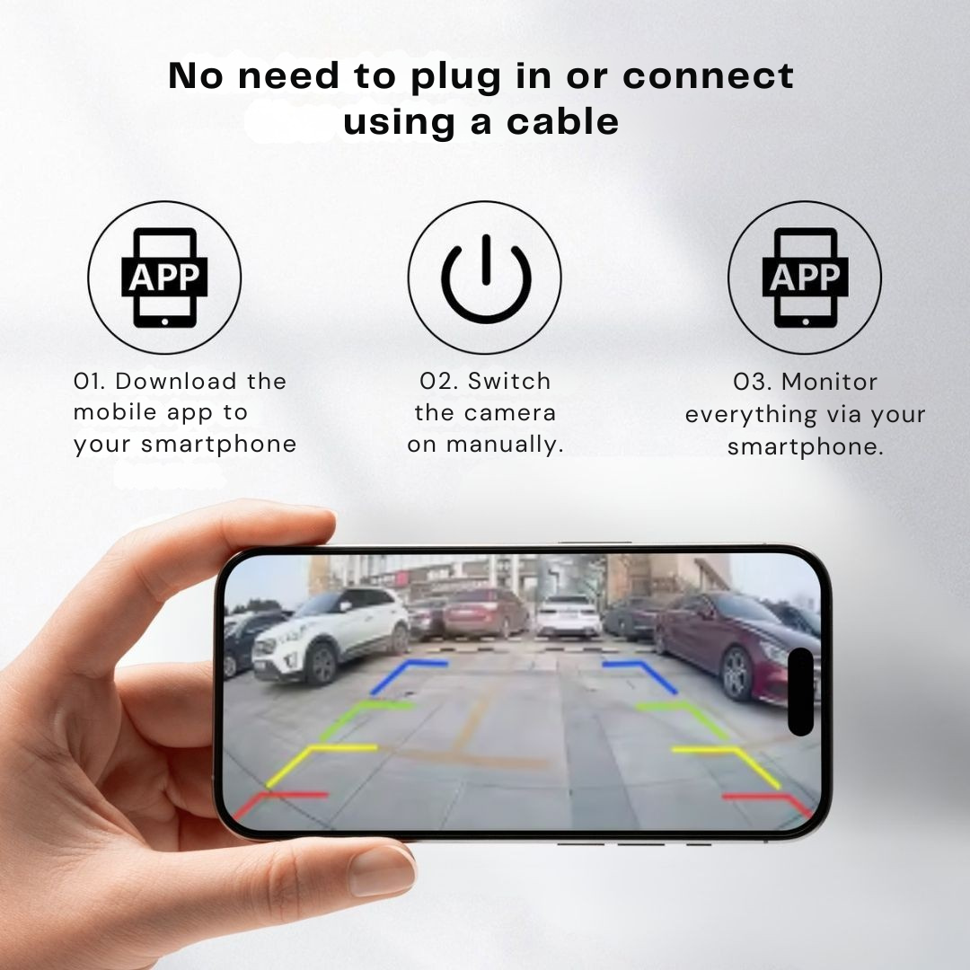 En hånd holder en smartphone med bakkamerabillede af en parkeringsplads med farvede hjælpelinjer, over tre ikoner der viser opsætning uden kabel. 3