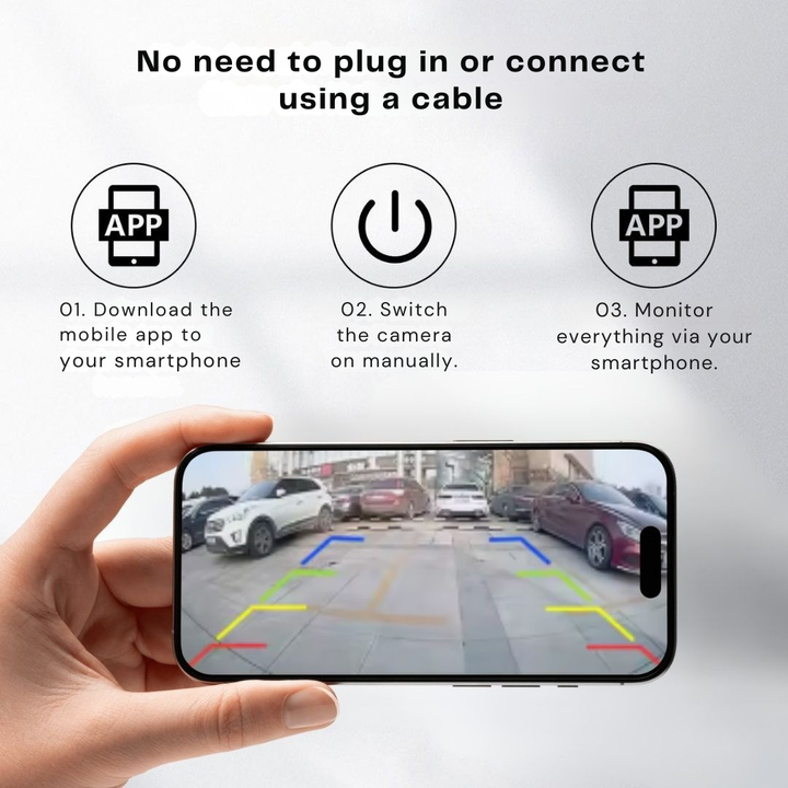 En hånd holder en smartphone med bakkamerabillede af en parkeringsplads med farvede hjælpelinjer, over tre ikoner der viser opsætning uden kabel. 3