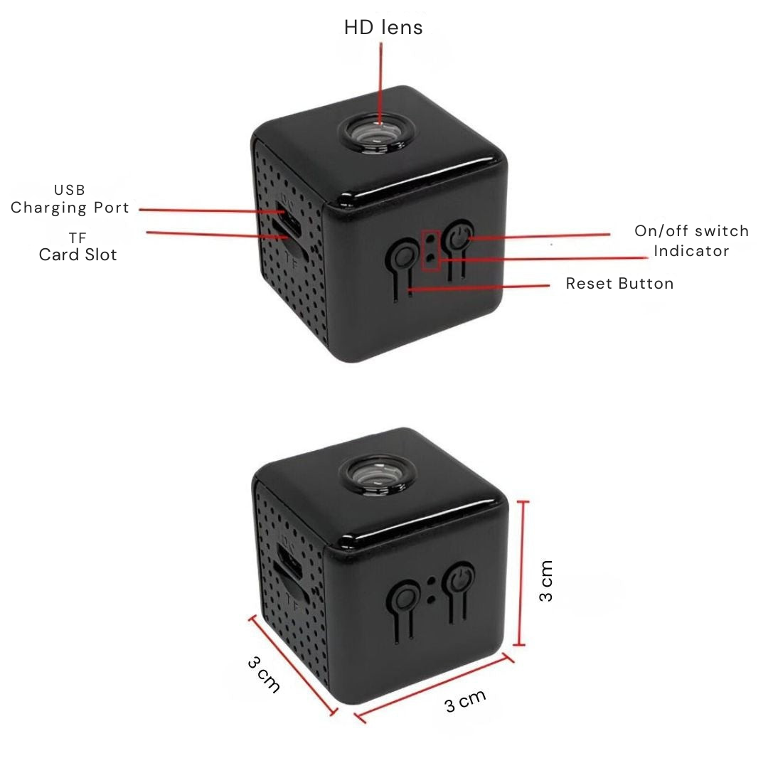 Diagram af det sorte kamera set fra to vinkler med pile til linse, opladerport, kortplads og knapper, samt mål på tre gange tre centimeter. 8