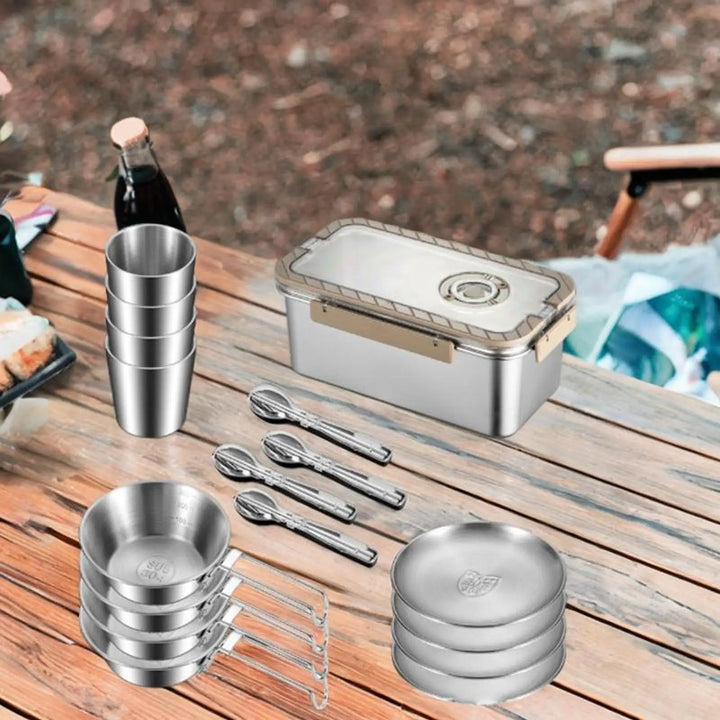 Camping Messware Kit i rustfrit stål med opbevaringsboks – CampSet