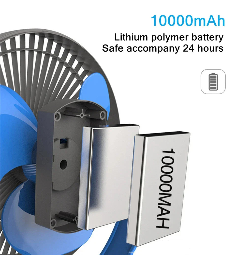 Bærbar USB-genopladelig ventilator med 10000mAh batteri og klips – Zephyr